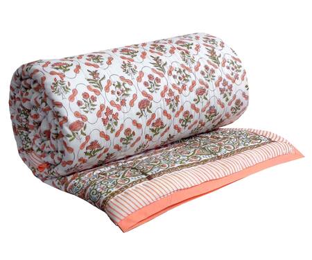 Shop_Cocobee_Peach Cotton Printed Florette Hand Block Quilt_Online_at_Aza_Fashions